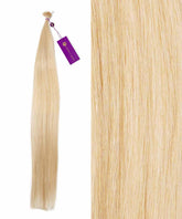 A bundle of Perfect Locks Straight Fusion I-Tip Hair in Platinum Blonde with a purple tag beside a close-up of its silky texture.#color_platinum-blonde-(613)