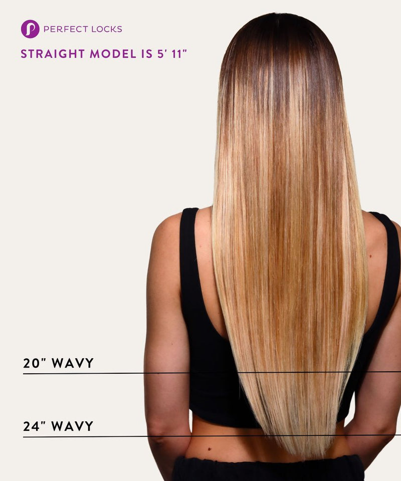 A tall woman with long straight Remy hair (5'11") faces away. Two lines mark where 20" and 24" wavy weft rows fall on her back.
