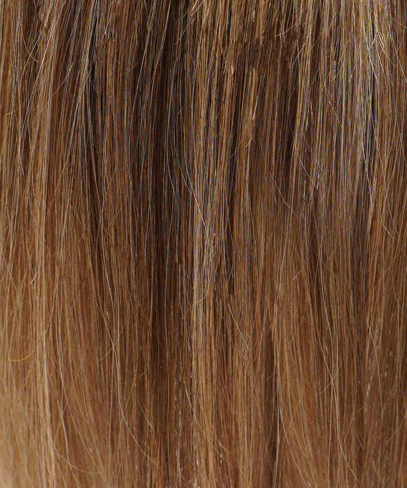 Close-up of the Perfect Locks Straight Human Hair Crown Topper in toffee blonde highlights, showing detailed strands and natural texture.