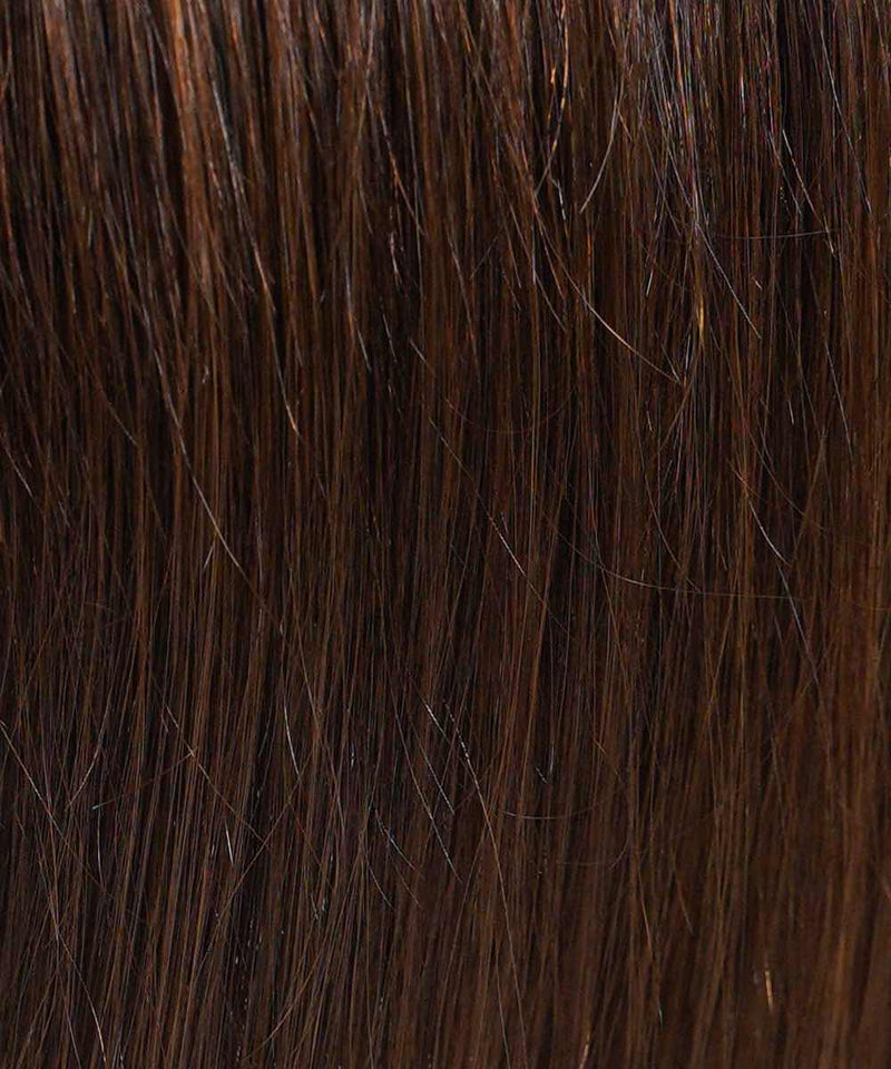 Close-up of straight, shiny medium brown hair with Perfect Locks Straight Human Hair Crown Topper, showing individual strands and natural highlights.