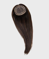 The Perfect Locks Straight Human Hair Crown Topper in warm mocha lowlights with Remy hair, mesh base, and clips on a plain background.#color_warm-mocha-lowlights-(2/4/6)