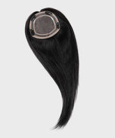 The Perfect Locks Straight Human Hair Crown Topper in natural black with Remy hair, mesh base, and clips on a light background.#color_natural-black-(1B)