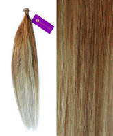 On the left, Perfect Locks Straight Hybrid Weft Hair Extensions in ashy honey blonde bayalage with a purple tag. On the right, a close-up shows their smooth texture and natural color variation.#color_ashy-honey-blonde-bayalage-(12/16/60)