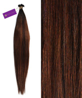 Close-up of Perfect Locks Straight Hybrid Weft Hair Extensions in Chestnut Brown Balayage, fine texture with a purple tag attached.#color_Chestnut-Brown-Balayage-(400/401/404)
