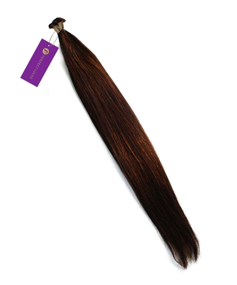 A bundle of Perfect Locks Straight Hybrid Weft Hair Extensions in chocolate brown, with a purple tag attached at the top.