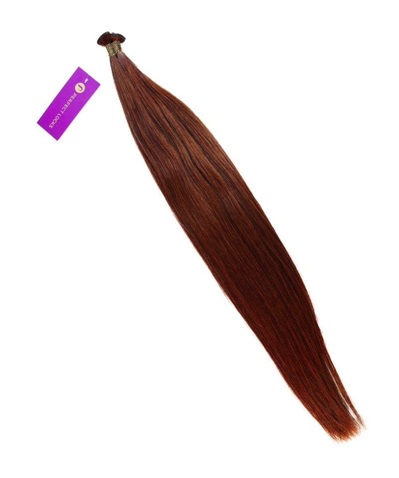 A bundle of Perfect Locks Straight Hybrid Weft Hair Extensions in Chestnut Brown Balayage, long, straight, secured with a label.