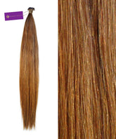 A bundle of Perfect Locks Straight Hybrid Weft Hair Extensions in Ashy Golden Brown Balayage sits left; close-up right shows smooth texture.#color_golden-brown-(6)