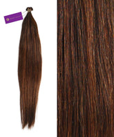 A bundle of Perfect Locks Straight Hybrid Weft Hair Extensions in Champagne Highlights is shown from a distance and close up, with a purple tag attached to the top.#color_highlighted-brown-auburn-(30/31/33)