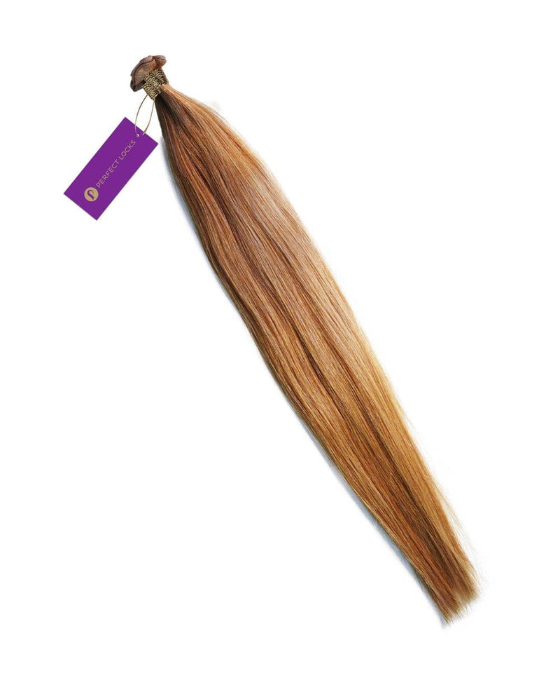 A bundle of Perfect Locks Straight Hybrid Weft Hair Extensions in Dark Auburn  with a purple tag attached to the top.