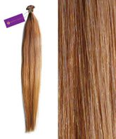 A bundle of Perfect Locks Straight Hybrid Weft Hair Extensions in Highlighted Brown Auburn with a small purple tag at the top.#color_honey-blonde-(27)