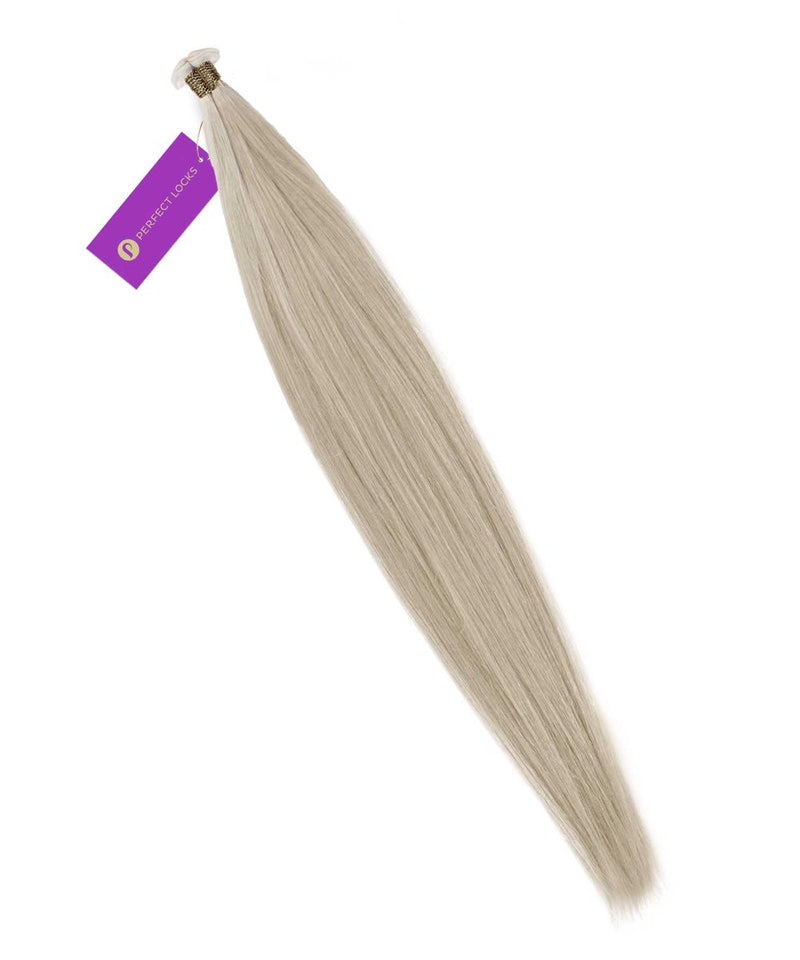 A bundle of Perfect Locks Straight Hybrid Weft Hair Extensions in Ice Blonde  with a purple tag, neatly bound and smooth.