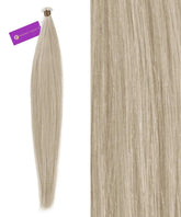 Perfect Locks Straight Hybrid Weft Hair Extensions in Ice Blonde with branded tag, full strand left, close-up texture right.#color_ice-blonde-(60S)