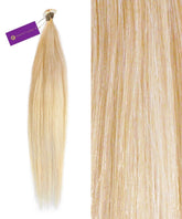 A bundle of Perfect Locks Straight Hybrid Weft Hair Extensions in Platinum Blonde with a purple tag is on the left, while a close-up on the right showcases the smooth texture and golden tones of these human hair extensions.#color_platinum-blonde-(613)