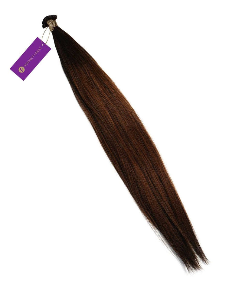 A long, straight bundle of Perfect Locks Straight Hybrid Weft Hair Extensions in Natural Black , secured with a band and a purple tag.