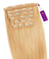 Perfect Locks Straight Classic Clip-In Hair Extensions in Honey Blonde ; multiple wefts, white clips, purple tag on top right.#color_honey-blonde-(27)