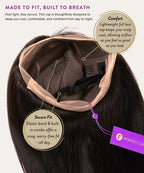 Close-up of the Straight Full Lace Wig by Perfect Locks with a light brown lace cap, elastic band, built-in combs, and a purple tag.