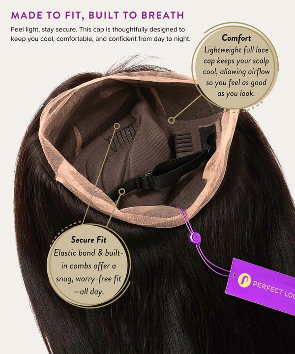 Hair cap with text highlighting comfort and secure fit on a white background