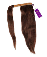 A bundle of Perfect Locks Straight Clip-In Ponytail Extensions in Chocolate Brown with a sewn weft and a purple tag attached.#color_chocolate-brown-(3)