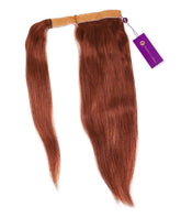 A set of Perfect Locks Straight Clip-In Ponytail Extensions in Dark Auburn with a beige band at the top and a purple tag on the right.#color_dark-auburn-(33)