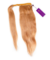 A straight, honey blonde  Perfect Locks Clip-In Ponytail Extension with a purple tag is displayed on a white background.#color_honey-blonde-(27)