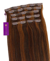 Perfect Locks Straight Seamless Clip-In Hair Extensions in highlighted brown auburn, shown flat with clips at the top and a purple tag on the left.#color_highlighted-brown-auburn-(30/31/33)