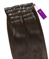 Perfect Locks Straight Seamless Clip-In Hair Extensions in Natural Black with black clips and a purple tag laid flat on white background.#color_natural-black-(1B)