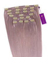A set of metal gray Straight Seamless Clip-In Hair Extensions by Perfect Locks with multiple gold clips and a purple tag attached.#color_metal-gray-(60S)
