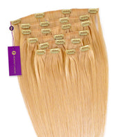 Platinum blonde Straight Seamless Clip-In Hair Extensions by Perfect Locks in overlapping rows, metal clips on top, purple tag left.#color_platinum-blonde-(613)