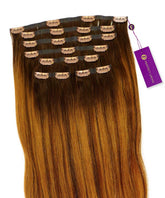 Straight Seamless Clip-In Hair Extensions by Perfect Locks in pumpkin gold, with beige clips, purple tag, Remy human hair.#color_pumpkin-gold-(33/55)