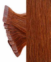 Close-up of Perfect Locks Straight Classic Tape-In Hair Extensions in Ash Blonde  with adhesive tabs left, smooth hair right.#color_dark-auburn-(33)