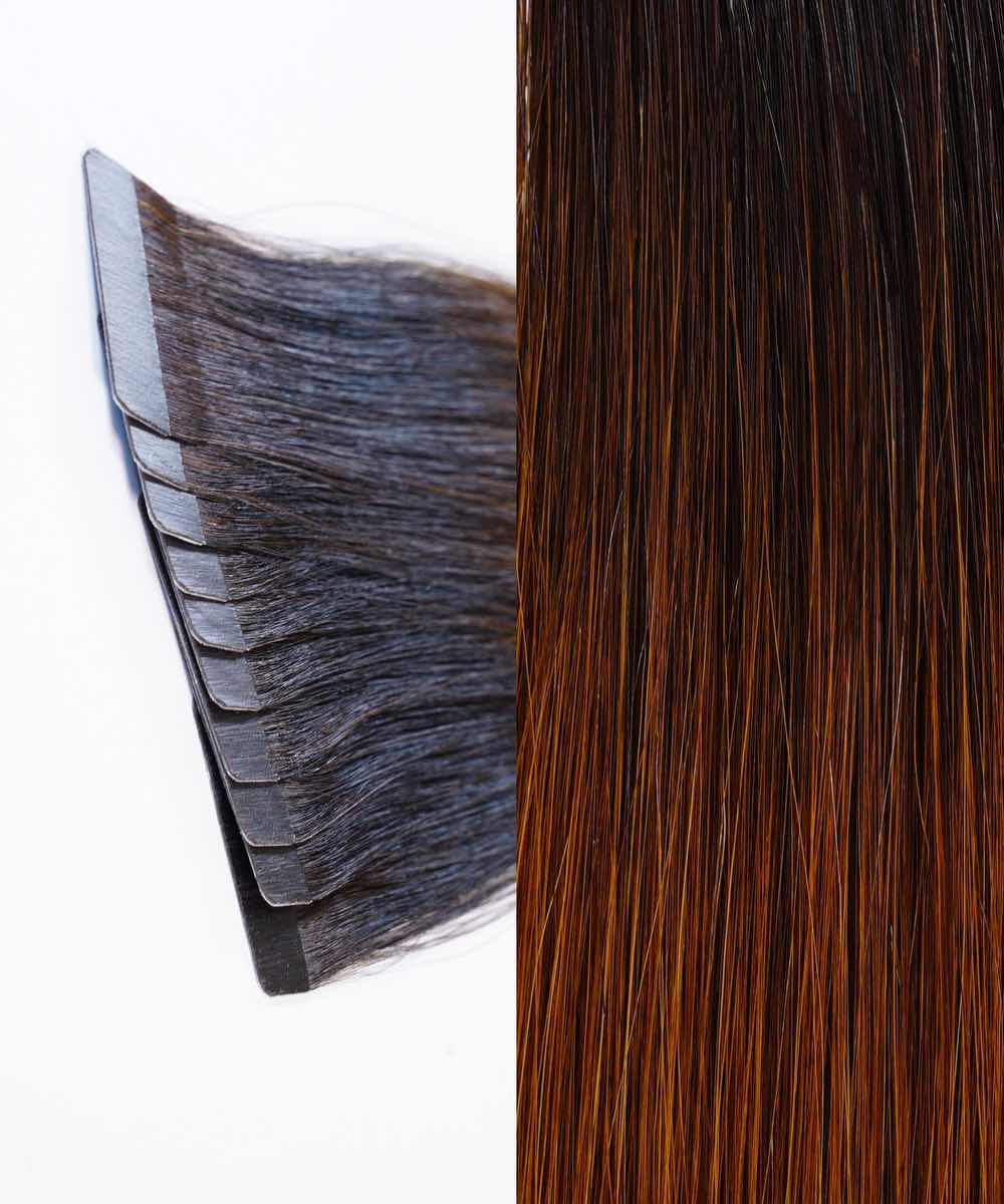 Close-up of Perfect Locks' Straight Classic Tape-In Hair Extensions in Chocolate Toffee Ombre beside shiny brown ombre hair, comparing color and texture.#color_rooted-chocolate-mocha-(1B/4)