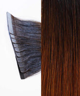 Close-up of Perfect Locks' Straight Classic Tape-In Hair Extensions in Chocolate Toffee Ombre beside shiny brown ombre hair, comparing color and texture.#color_rooted-chocolate-mocha-(1B/4)