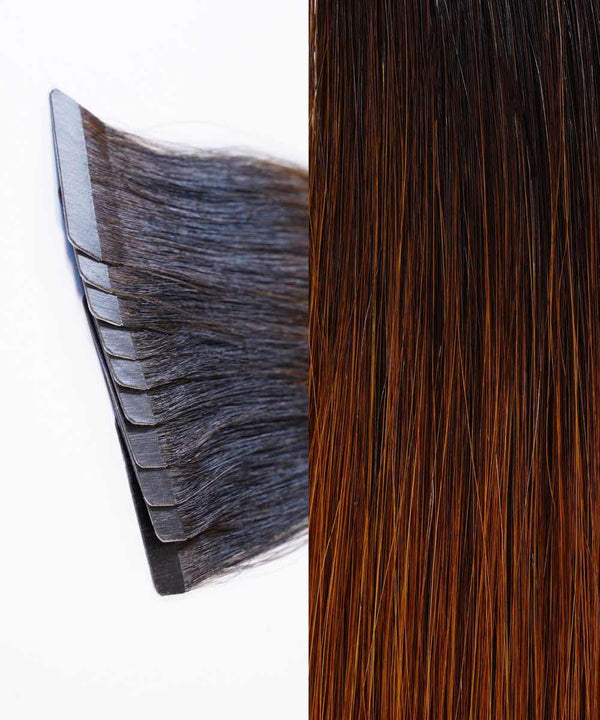 rooted chocolate mocha (1B/4) straight tape in hair extensions by Perfect Locks