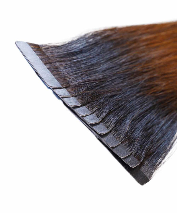 rooted chocolate mocha (1B/4) straight tape in hair extensions by Perfect Locks