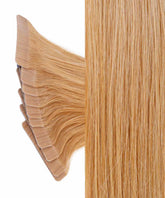 Several Perfect Locks Straight Classic Tape-In Hair Extensions in Honey Blonde  fanned out left, close-up on right.#color_honey-blonde-(27)
