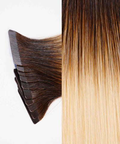 rooted white chocolate (2/60) straight tape in hair extensions by Perfect Locks#color_rooted-white-chocolate-(2/60)
