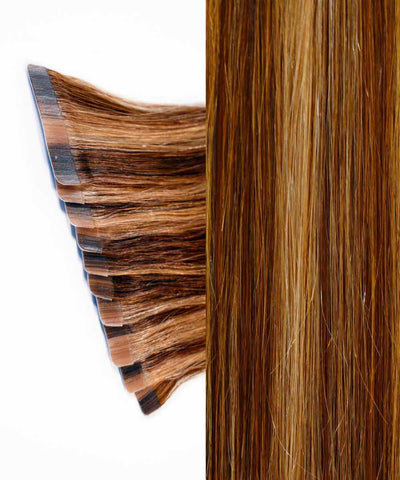 toffee blonde highlights (4/27) straight tape in hair extensions by Perfect Locks#color_toffee-blonde-highlights-(4/27)