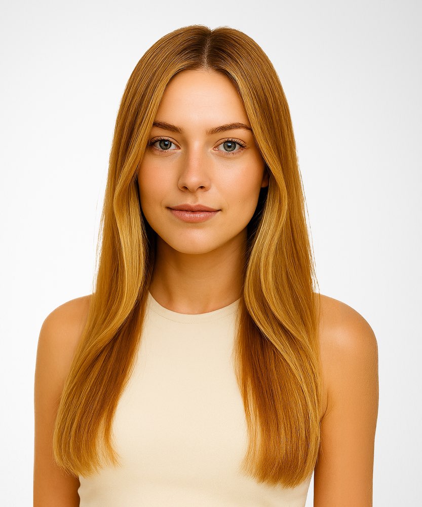 A young woman with straight, long chocolate brown hair and light skin faces the camera in a beige sleeveless top on white, neutral-faced.#color_honey-blonde-(27)