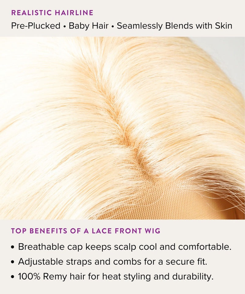 Close-up of a blonde lace front wig with a realistic, pre-plucked hairline, defined parting, baby hair, and adjustable straps.