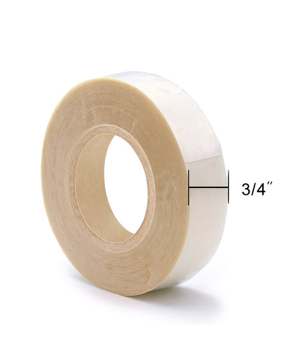 Supertape hair adhesive tape roll, angled view, 3/4-inch wide clear double-sided tape for wigs and hair systems.
