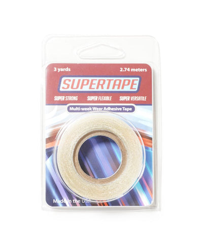 Supertape adhesive tape roll in retail packaging, 3 yards (2.74 meters), strong double-sided tape for wigs, toupees, and hair systems.