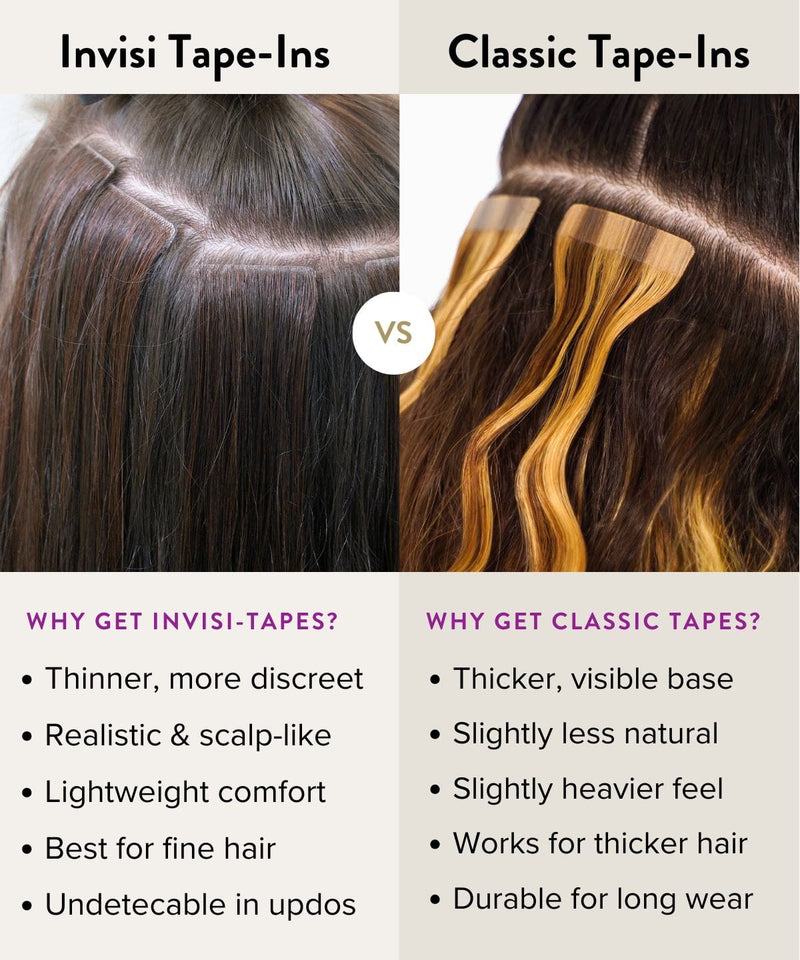 Comparison of Invisi Tape-Ins and Classic Tape-Ins hair extensions, showing differences in look, benefits, features, and suitability.