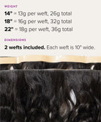 Image shows Remy human hair Wavy Seamless Tape In Weft, 14", 18", 22" weights, two 10"-wide wefts, two bundles dark brown. 