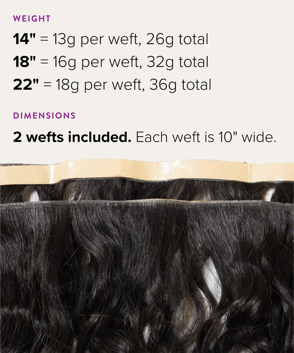 Image shows Remy human hair Wavy Seamless Tape In Weft, 14", 18", 22" weights, two 10"-wide wefts, two bundles dark brown. 