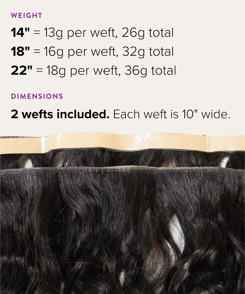 Perfect Locks Wavy Seamless Tape In Weft: Two bundles of human hair extensions, each with two 10-inch wefts. Lengths: 14", 18", 22".