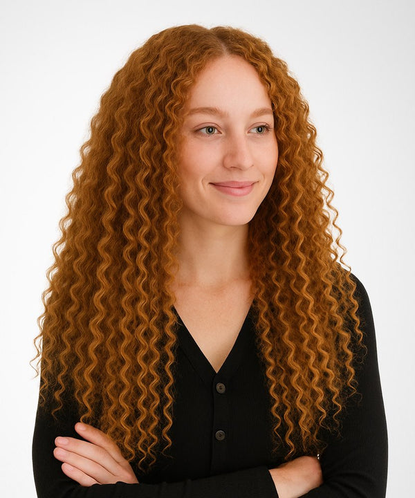 Woman with long, wavy red hair wearing a black shirt against a white background