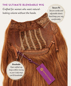 Brown blendable wig with features highlighted on a white background