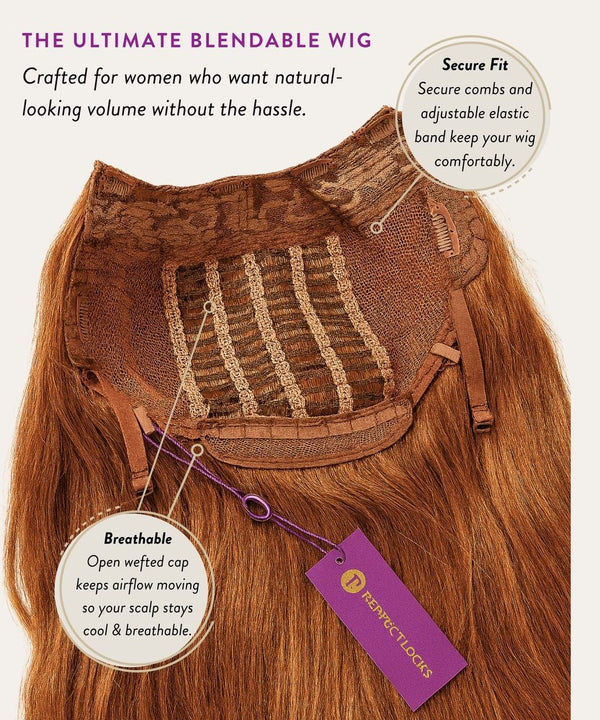 Brown blendable wig with features highlighted on a white background