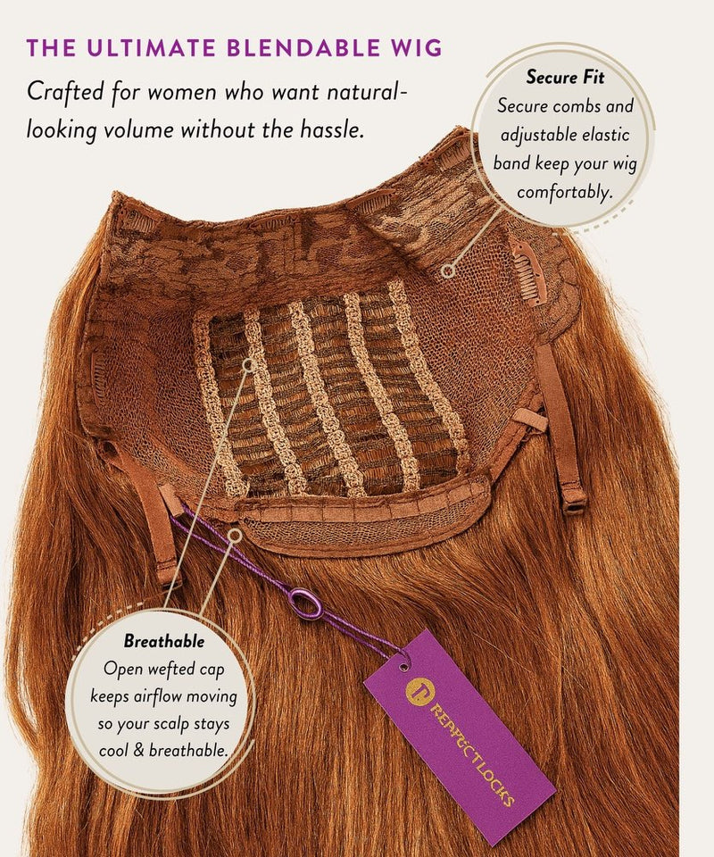 Brown blendable wig with features highlighted on a white background