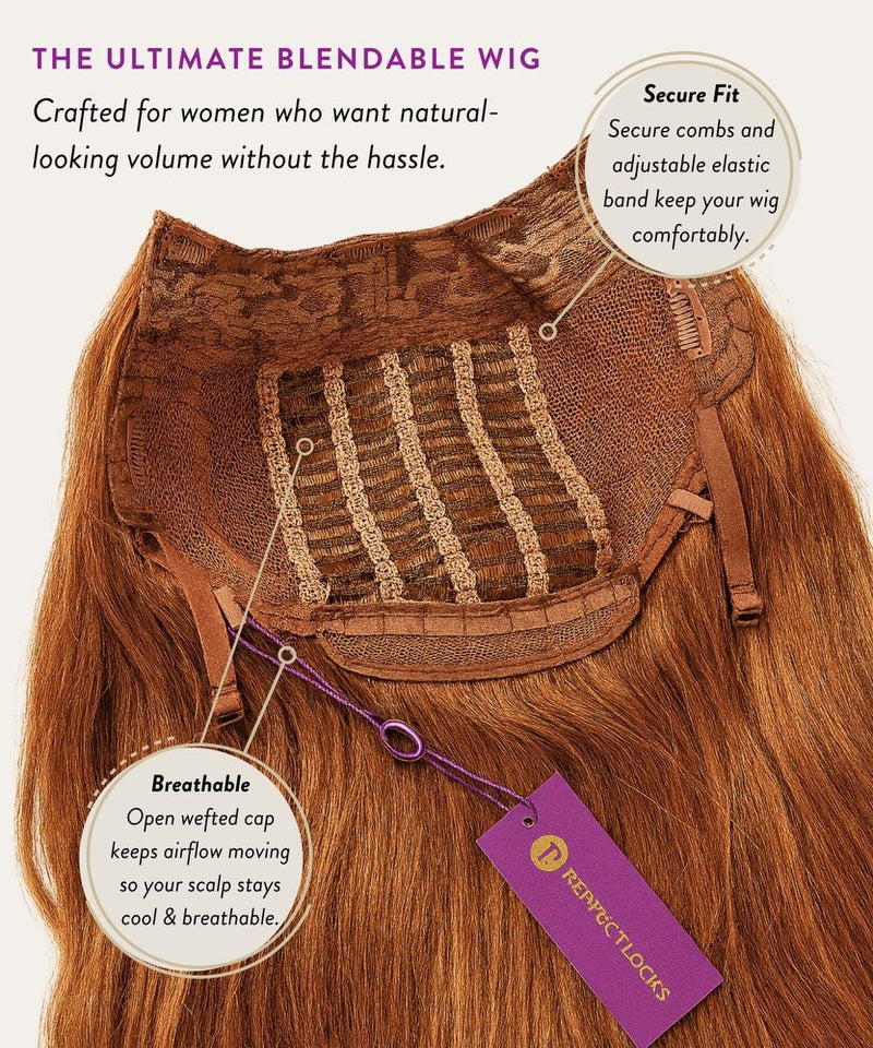 The Relaxed Straight U-Part Wig by Perfect Locks inside-out, showing breathable wefts, secure combs, human hair, elastic band, and purple tag.